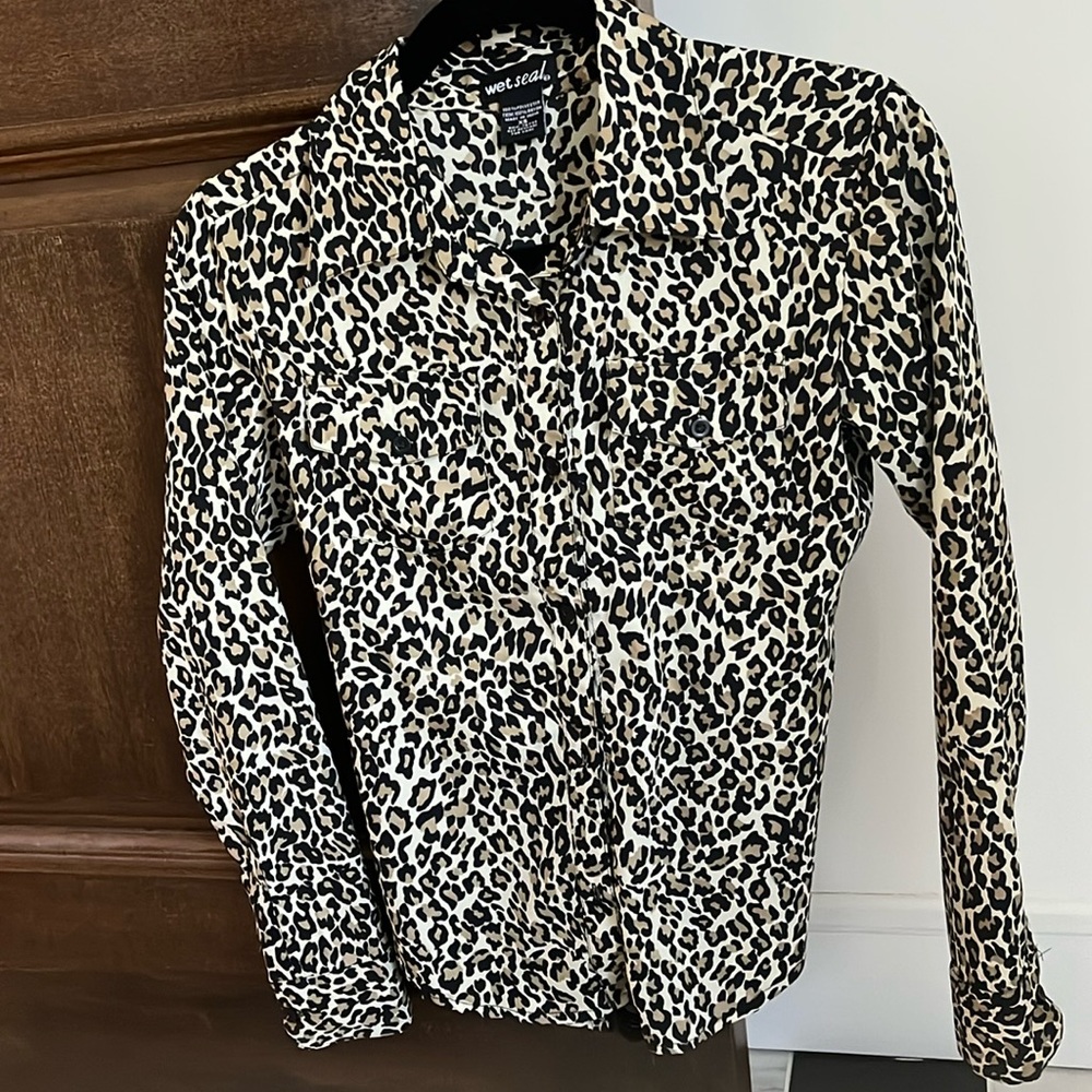 Leopard print button down shirt XS sexy mesh back